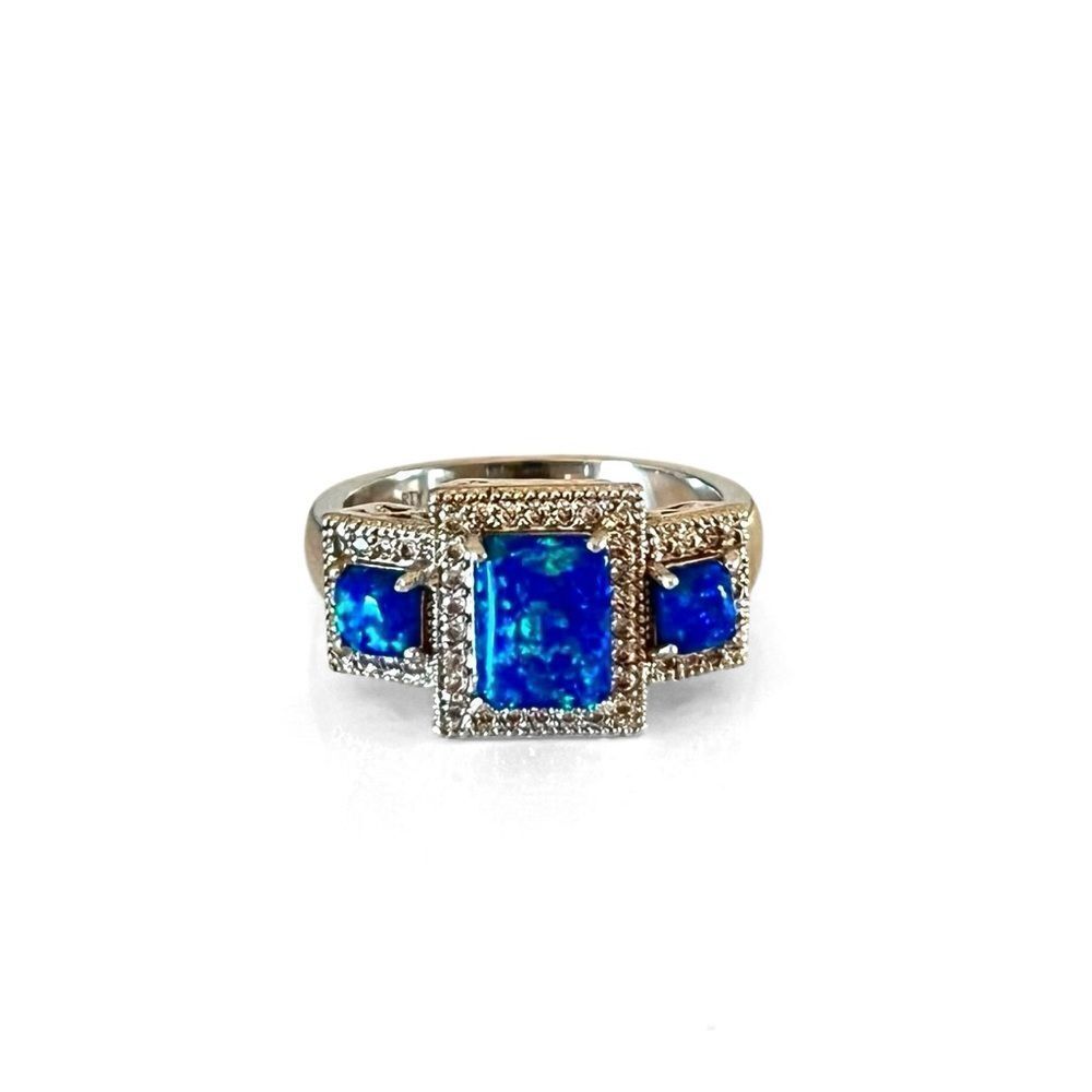 Bomb Party Square Cut Blue Opal Silver Ring